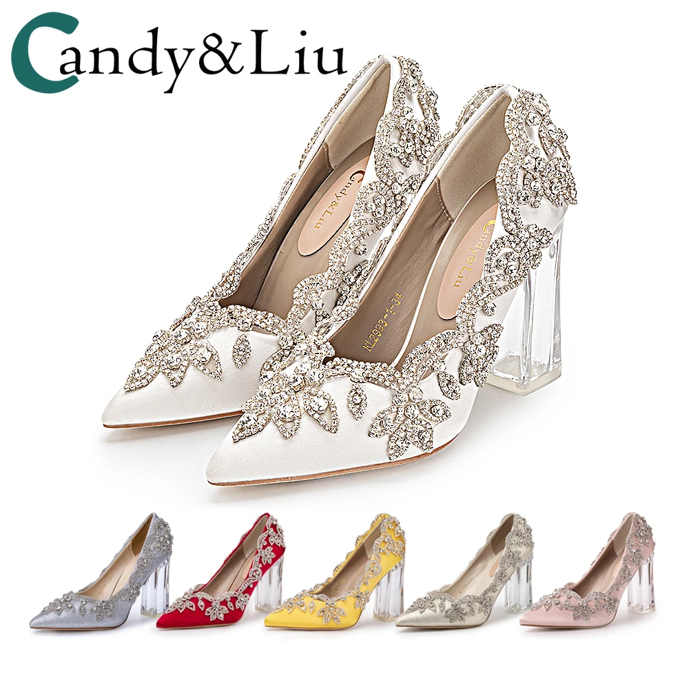 

Wedding Shoes Bride Clear Heels Crystal Pumps Christmas Day Evening Party Luxury Queen Satin Silk 10cm Square Heel Plus Size 10