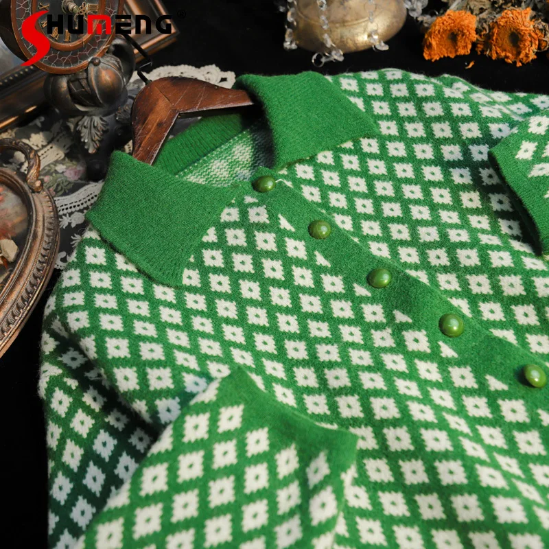 

2021 Fall/Winter New Fashion Trendy Plaid Green Women's Vintage Women's Outer Wear Sweater