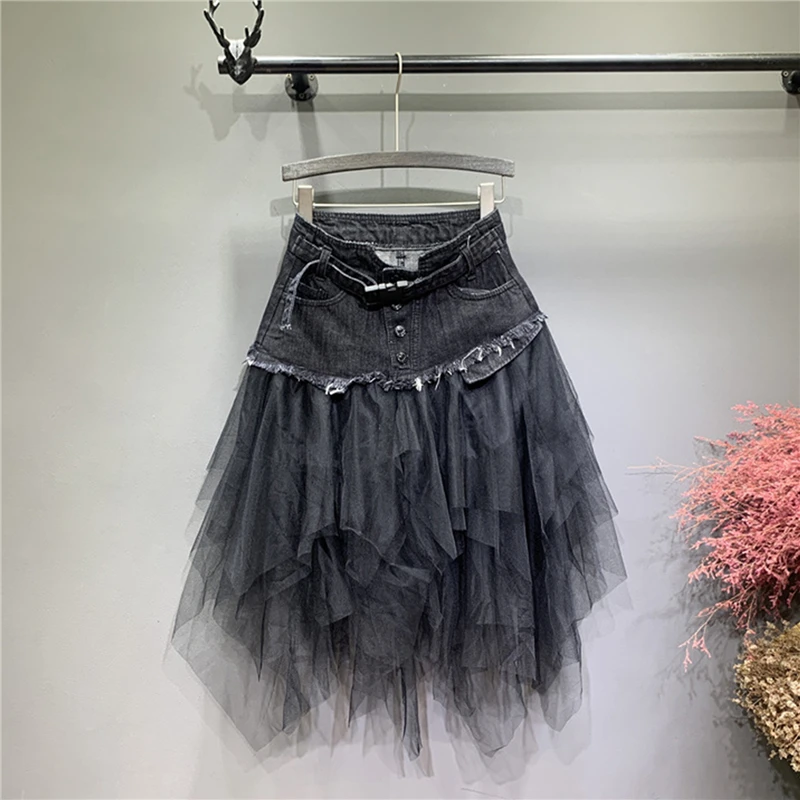 

Womens Denim Tulle Skirts Womens Asymmetrical Mesh Patchwork Pocket Empire Pleated Midi Skirt Tassel Streetwear Short Jean Skirt