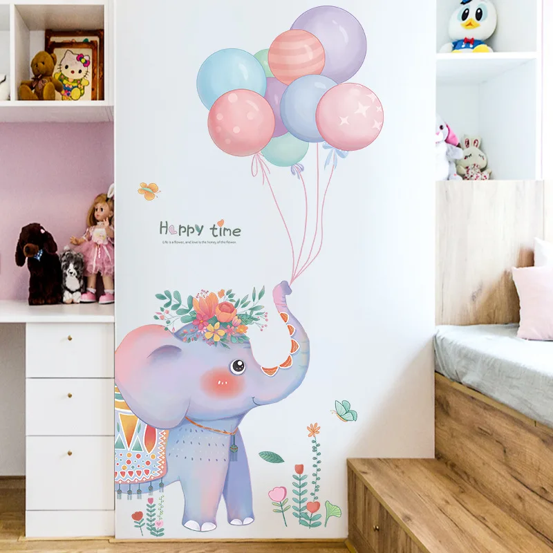 

Cartoon Balloons Elephant Wall Stickers Self-adhesive Mural Kids Room Decor Girl Bedroom Door Stickers Nursery Wall Decoration