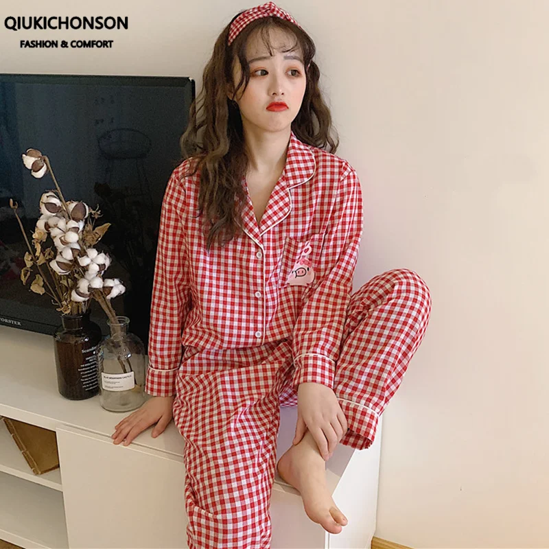 

Spring Autumn Women Pajamas Set 2 Piece Fashion Notched Collar Cute Pig Pocket Design Long Sleeve Plaid Sleepwear Pyjama Set