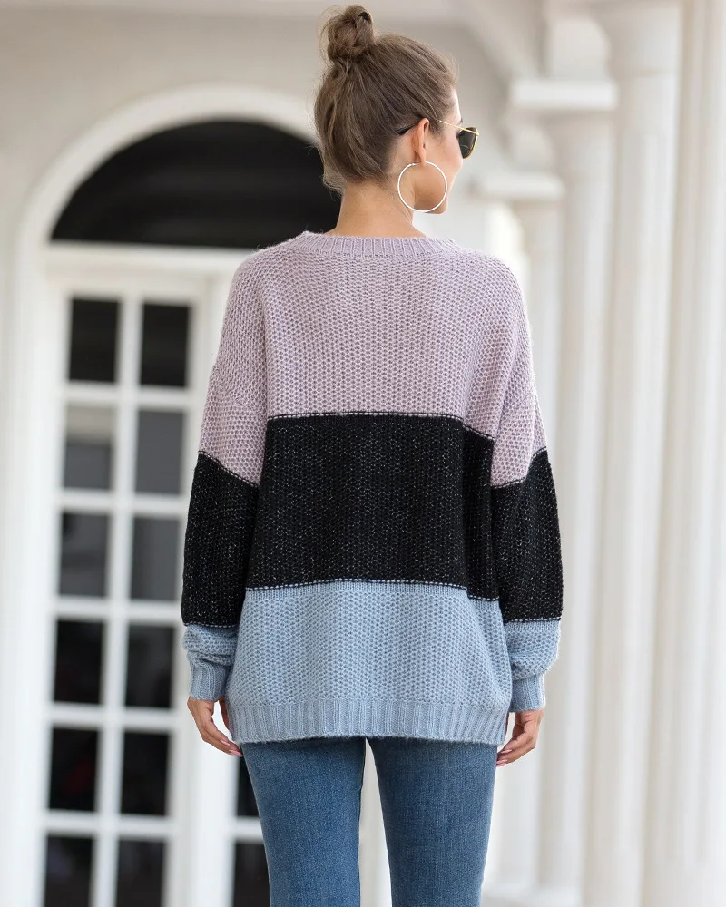 

Autumn Winter New Products European And American Fashion Atriped Color-Blocking Pullover Aweater Women's Thick Thread Sweater