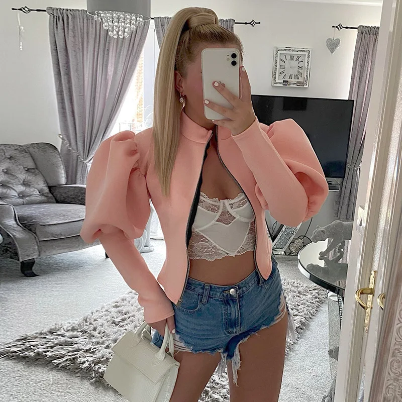 

Autumn Winter White Short Jackets Elegant Femme Puff Sleeve Short Jackets Outwear New Zipper Women Coats Stand Collar Lady G3046