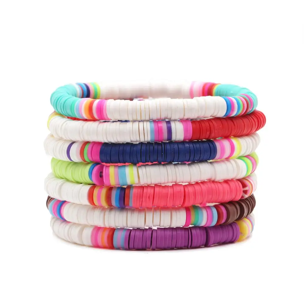 6mm Two Tone Polymer Clay Heishi Beads Stretch Bracelet Women Girl Purple Blue Red Eco-friendly Records Discs Cute Surf Jewelry