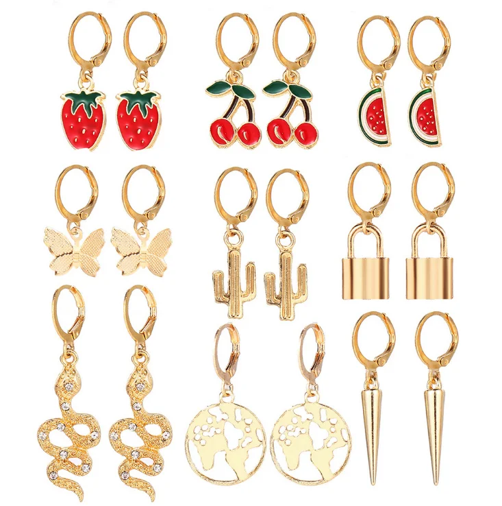 

9Pairs Women Snake Lock Butterfly Cherry Map Earrings Set Jewelry Ear Stud Gift
