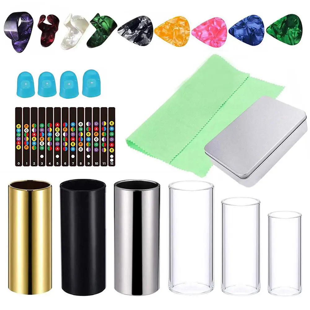 Useful Guitar Accessories Kit Metal and Glass Finger Slider Picks Protectors Note Sticker with Box | Спорт и развлечения