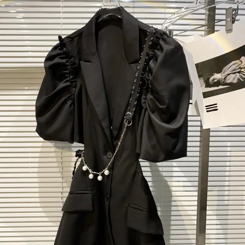 

2021 Summer New Pearl Chain Back Slim Waist Hollow Puff Sleeve Midi Dress Women Fashion Elegant Business Suit Mid-length Dress