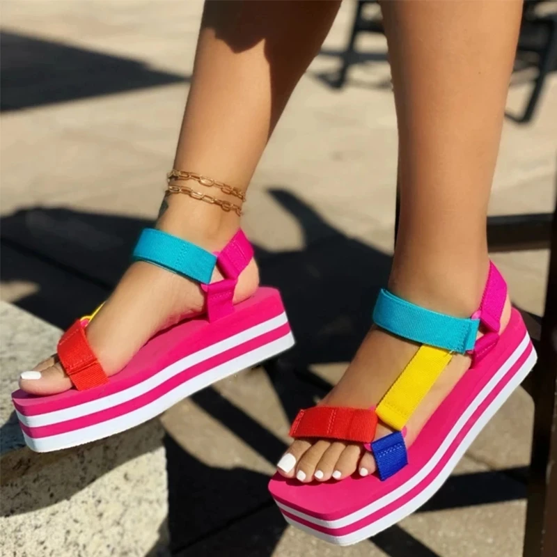 

Platform Ladies Sandals Multicolor Slingback Sandals 2021 Summer Wedges Shoes for Women Open Toe Beach Female Sandals Plus Size