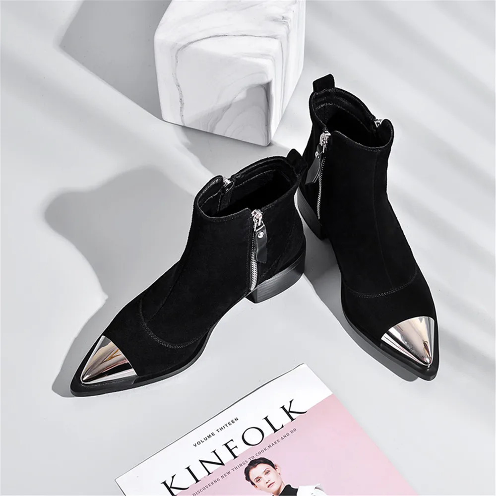 

Aiyoway 2021 Spring Autumn Fashion Thick Heel Women Ankle Boots Metal Decoration Pointed Toe Side Zipper Ladies Shoes Big Size
