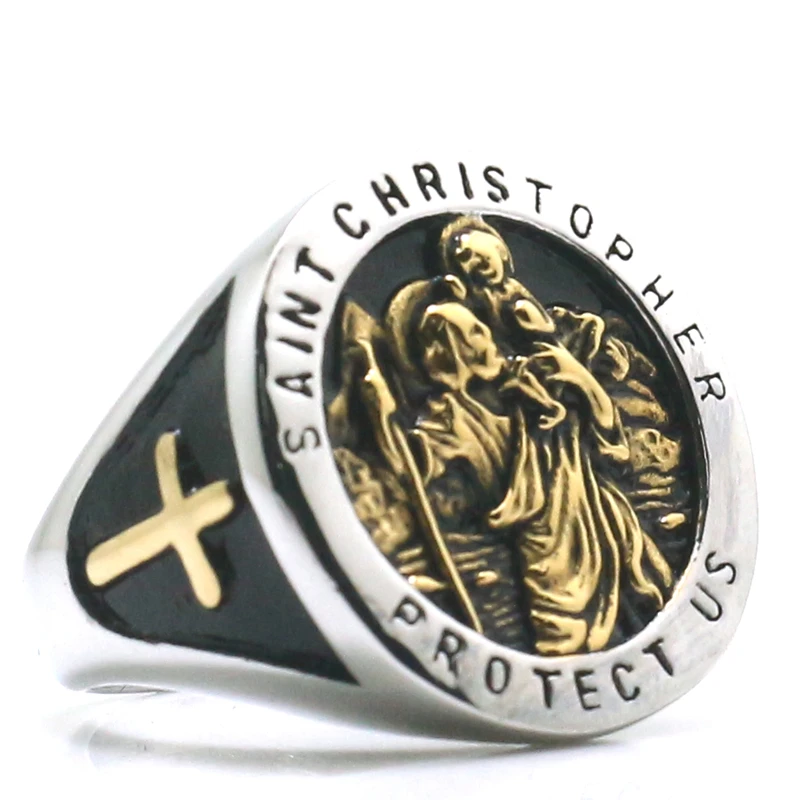 

Unisex Saint Christopher Protect Us Cross 316L Stainless Steel Ring