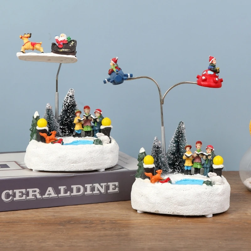 

Christmas Scene Resin Ornament LED Light Music Animated Rotating Figurines Decor