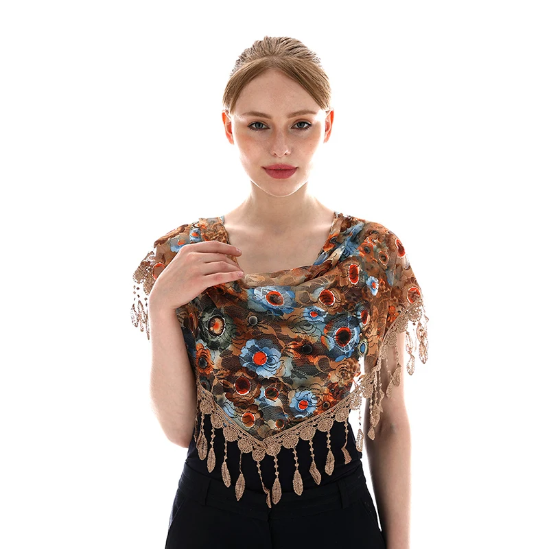 Женская кружевная вуаль треугольный шарф для церкви вышитый кисточка шаль с