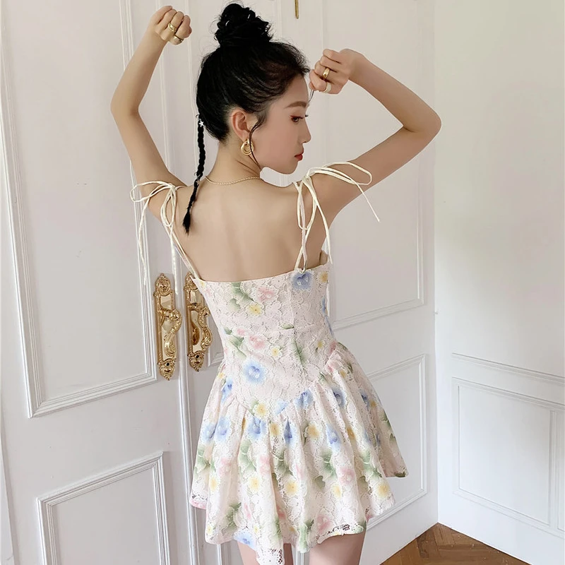 

Kimotimo Women Sweet Sling Dress Ins 2021 Summer Pure Cute Fairy Lace Floral Bandage V-neck A-line Slim Waist Deisgn Short Dress