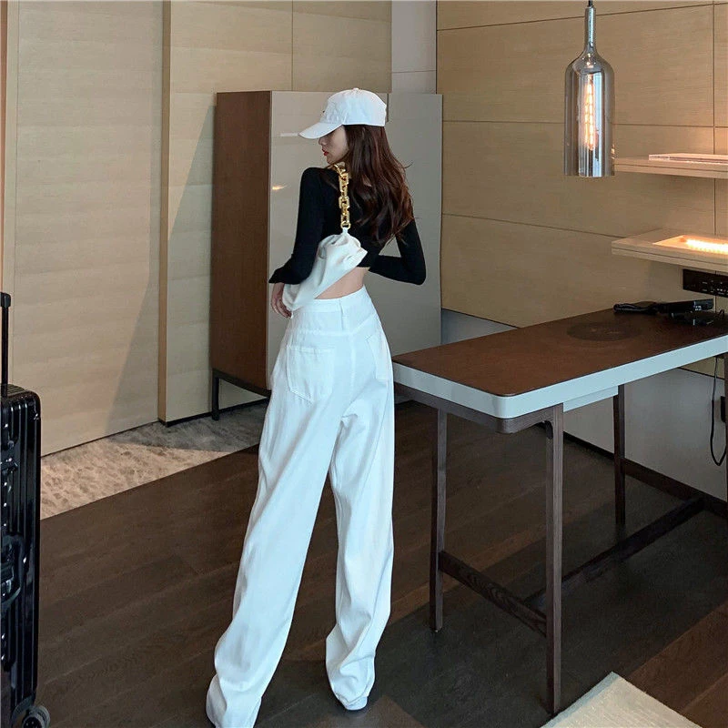 

Basic Solid Baggy Denim Wide Leg Pants For Women Casual Boyfriend Straight Leg Jeans Female Vintage Streetwear Mopping Trousers