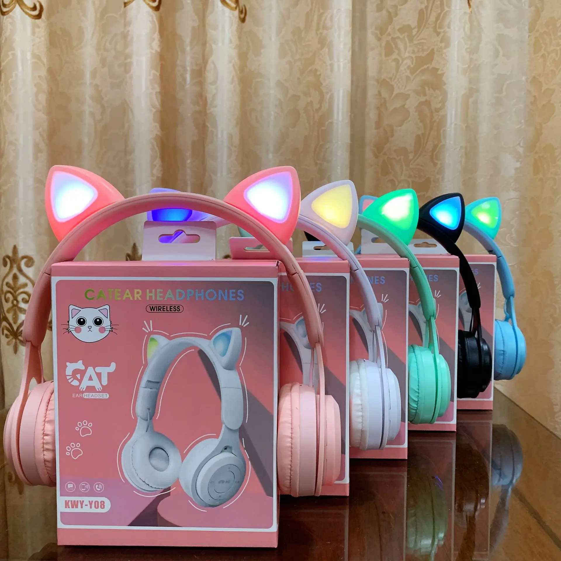 

New Y08 cat ear headset bluetooth headset folding mini game portable with card macaron wireless bluetooth Headphone