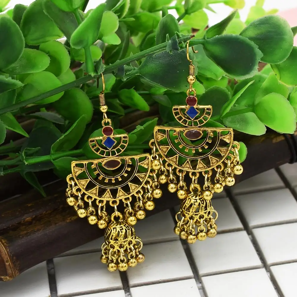 

Gypsy Jewelry Indian Jhumka Long Small Bell Fringed Tassel Earrings Antique Ethnic Drop Earrings For Women