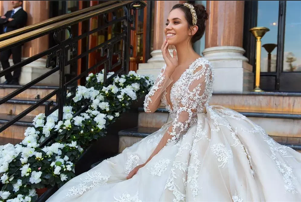 Сексуальное свадебное платье с длинным рукавом принцесса 2019 пуговицами сзади со