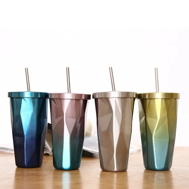 

Travel Colorful Stainless Steel Tumbler With Straws Double Wall Vacuum Insulation Mug Coffee-Drinking Cup Portable Leakproof