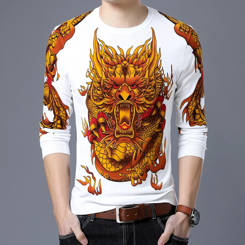 Свитер с китайской живописью Модный пуловер мужской свитер принтом животных