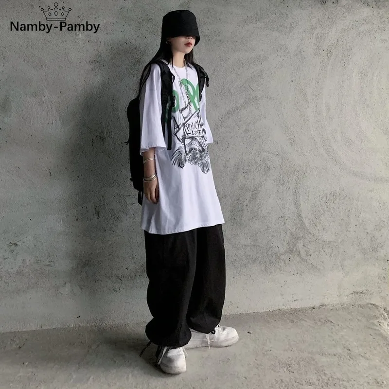 

Harajuku White Cargo Pants Women Vintage HIgh Waist Hip Hop Streetwear Pockets Straight Joker Black Trousers For Female