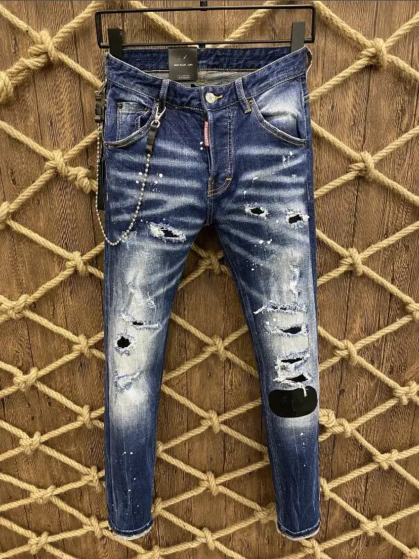 

Джинсовые брюки, дизайнерский крутой Топ, мужские зауженные джинсы, джинсовые брюки, синие Дырчатые брюки, джинсы для мужчин, 9800
