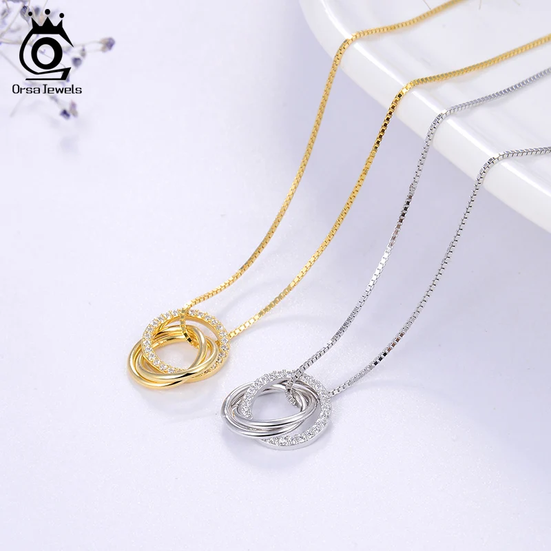 ORSA JEWELS, ожерелье с подвеской из чистого 925 пробы серебра для женщин, прозрачный AAAA циркон, комбинированный круг, модные вечерние ювелирные изделия в подарок SN175