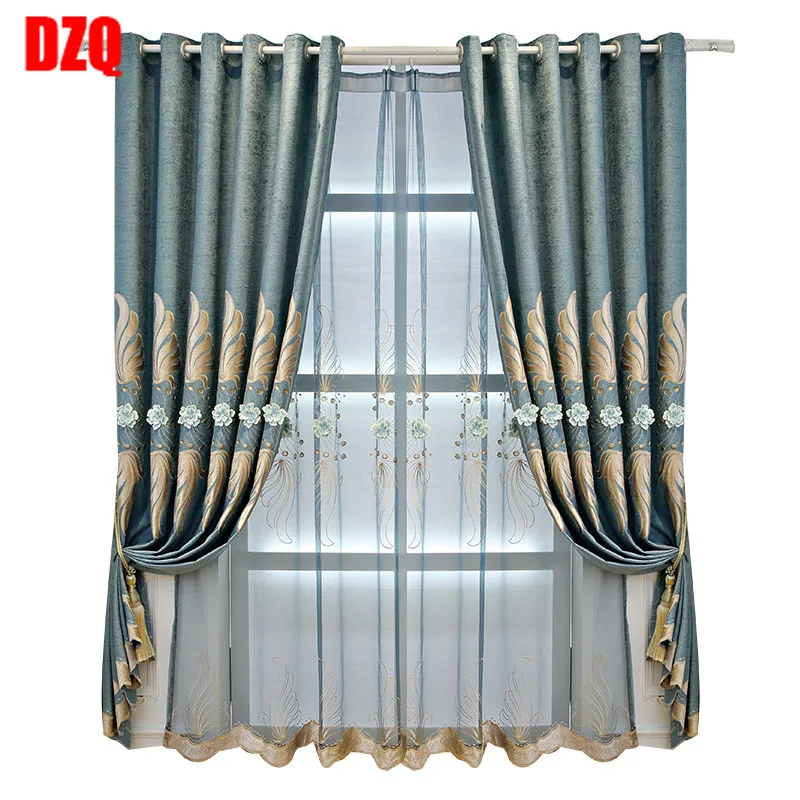

Custom curtain European embroidered Chenille Relief livingroom blue shading bedroom blackout curtain tulle valance