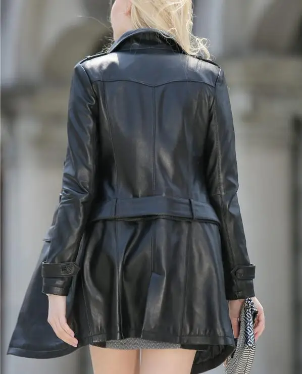 

Genuine Leather Jacket Women Real Sheepskin Black Vintage Double Breasted Long Coat Trench Female Slim Fit Plus Size XXXL