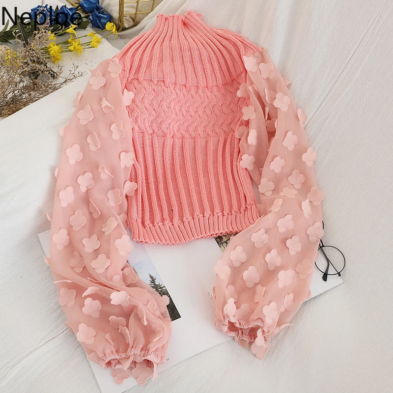 Neploe корейский контрастный цвет Аппликации патч Сетчатое платье-фонарь рукав