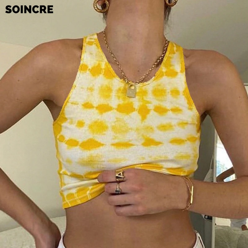 

2021 Summer New Style Tie-Dye Printed Round Neck Pullover Sleeveless Cropped Slim Top Ladies Streetwear Casual Fashion Mini Vest