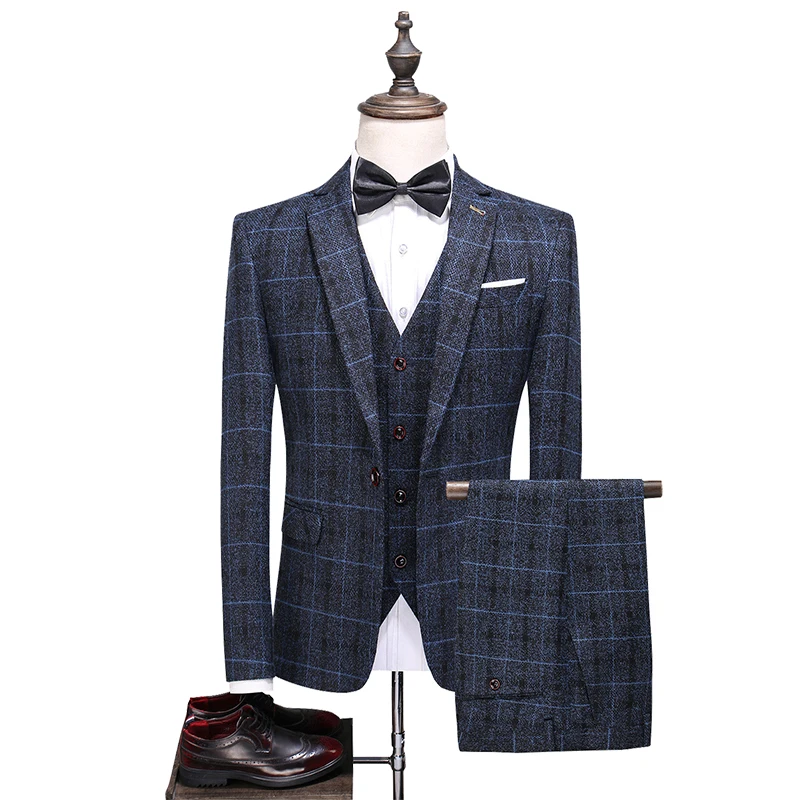 

2021 Three-piece Male Formal Business Plaids Suit for Men's Fashion Boutique Plaid Wedding Dress Suit ( Jacket + Vest + Pants )