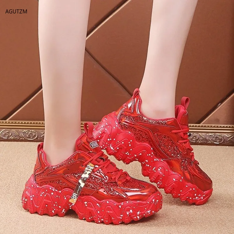 

Spring Women's Chunky Sneakers Fashion Women Platform Shoes Bling Sequined Lace-Up Vulcanize Shoes Female Trainers Dad Shoes