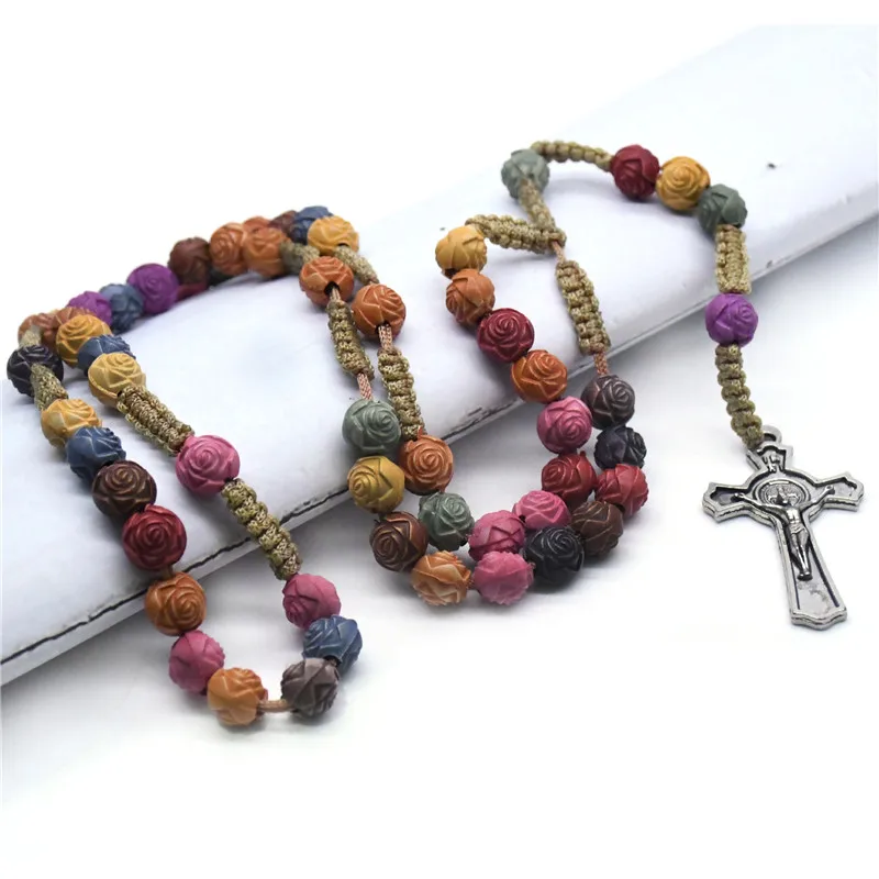 

Colored Rose Bead Cross Rosary Beads Necklace Christ Jesus Religious Handmade Christian Prayer Jewelry Accessories
