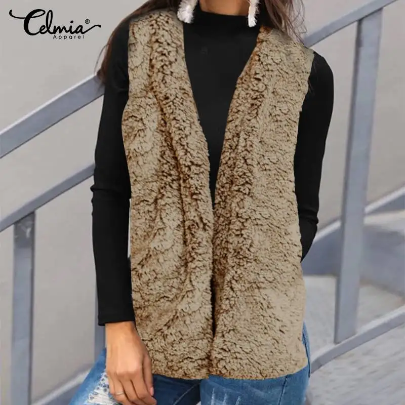 

2021 Winter Hooded Faux Fur Coat Celmia Women Fashion Gilet Jackets Casual Loose Sleeveless Waistcoat Pockets Cardigan