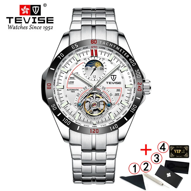 silver red box Tevise механические часы модные роскошные мужские автоматические часы мужские деловые водонепроницаемые наручные часы Montre Homme - Цвет: silver red box