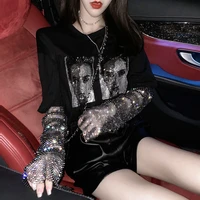 heavy embroidery hot drilling graphic t shirts black shining sleeves fake two loose o neck t shirt female gothic punk clothes