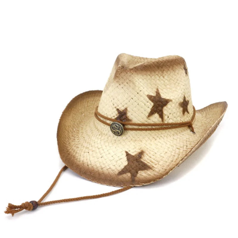 

summer sun hats women men panama wide brim windproof rope jazz caps western cowboy print star casual vintage khaki straw hat new