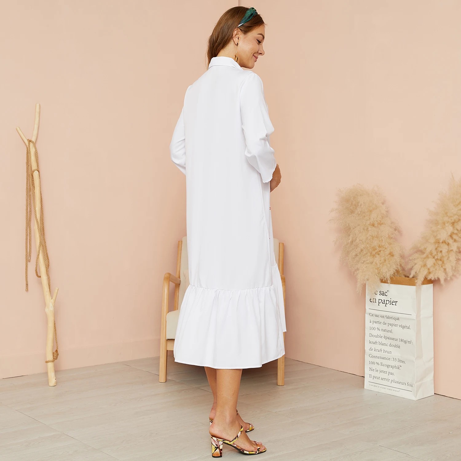 

PatPat 2021 New ArrivalMaternity Polo collar Animal Positioning print White Midi Shirt Long-sleeve Dress