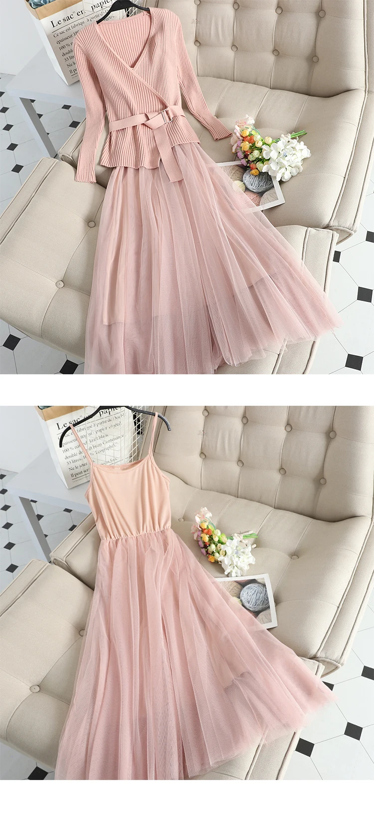 Neploe осень зима маленький аромат кружева Camis лоскутное Средний длинный трикотажный свитер платье два вида Женский комплект элегантный 46695