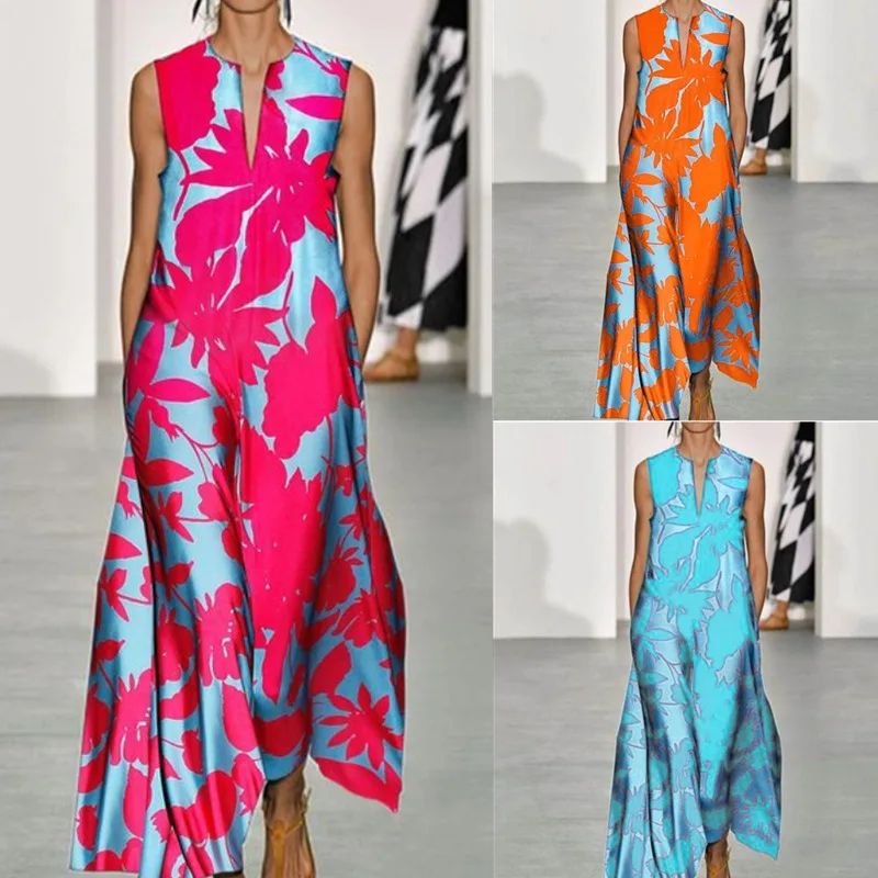 

Bohemian Dress V-neck Sleeveless Print Long Skirt 2021 Summer Fashion Hedging Skirt for Women's Clothing