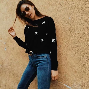 Вязаные пуловеры, женские свитера, Свободный пуловер с длинным рукавом и круглым вырезом со звездами, женский джемпер, вязаные топы, верхняя одежда