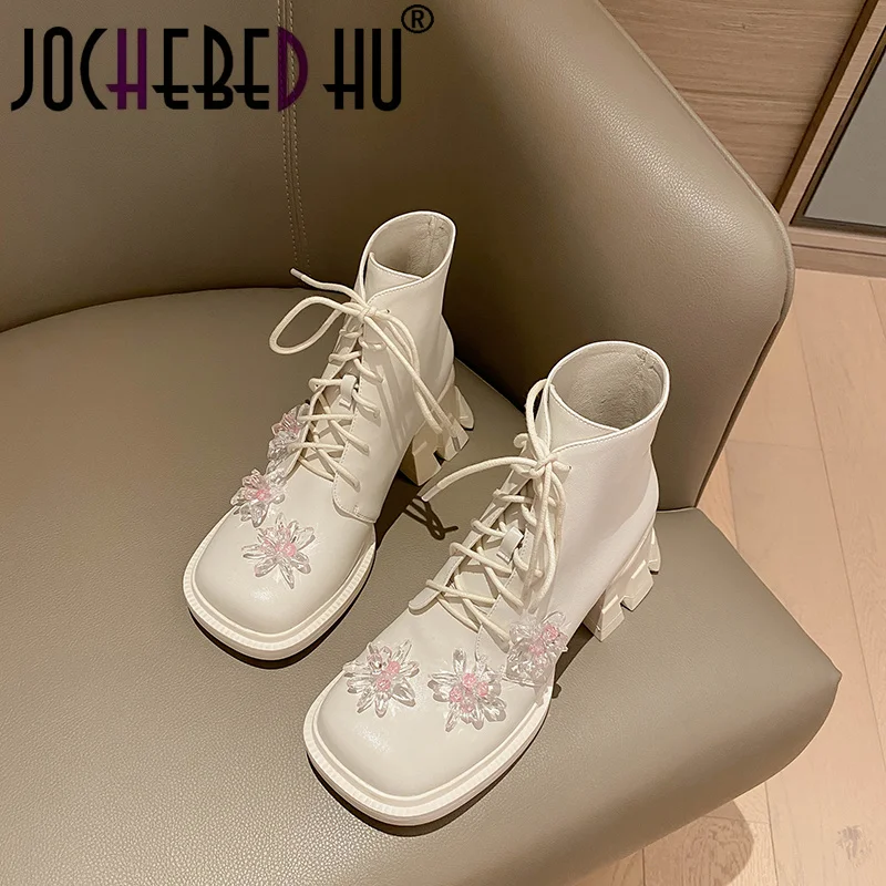 

Ботинки jochebed hu】, на платформе, с цветами и кристаллами, на массивном каблуке, черные, белые, милые ботильоны на шнуровке, летние, стразы, женс...