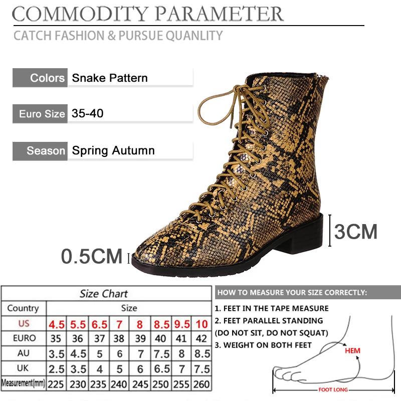 

BYQDY Autumn Ladies Ankle Boots Leopard Print Round Toe Lacing Square Heel Shoes 3CM Heel Women Boot With Back Zipper Footwear