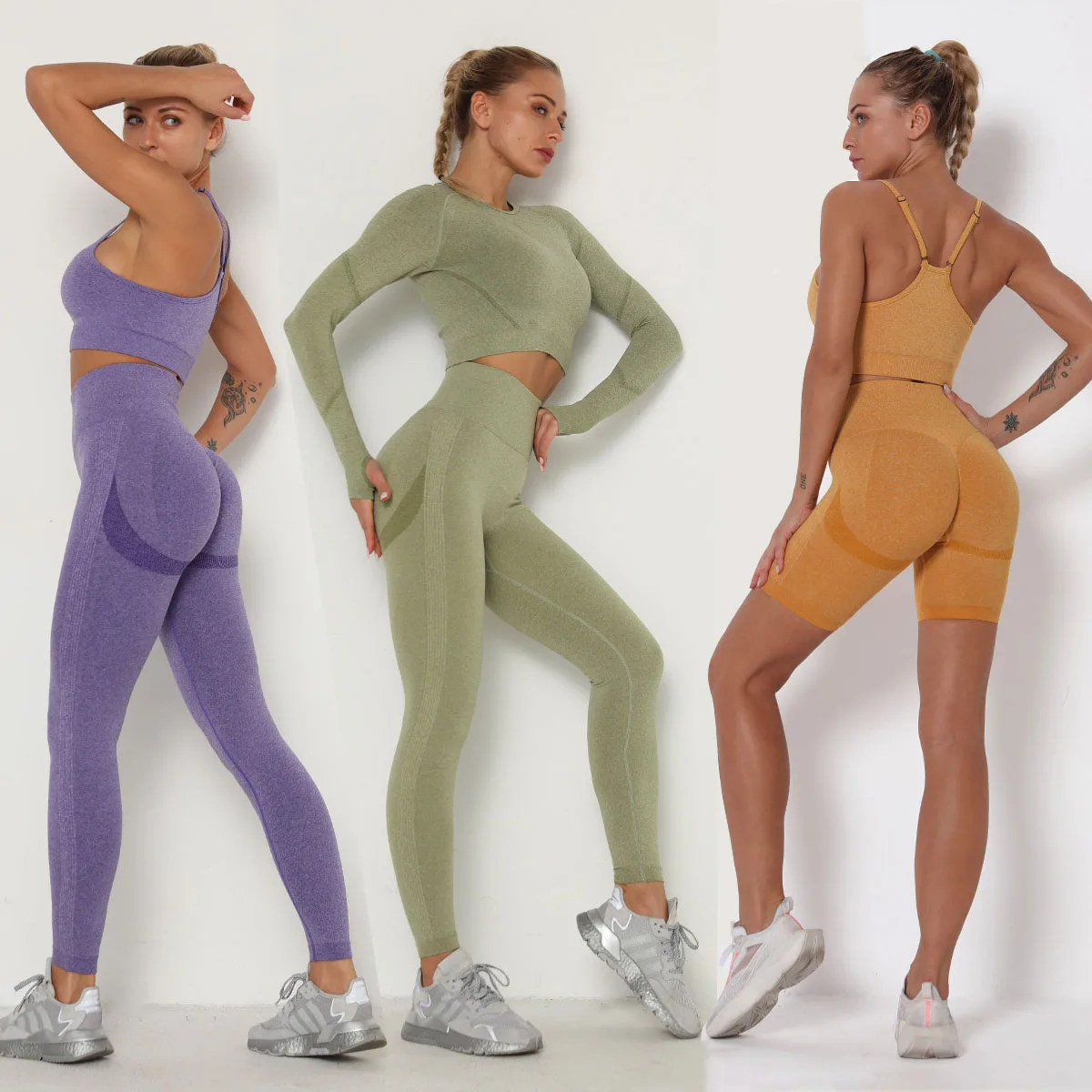 

Yoga Set Women Seamless Leggings Sportswear Top Shorts Bra Tummy Control Sports Suits High Waist Girl Fitness Training Gym Wear