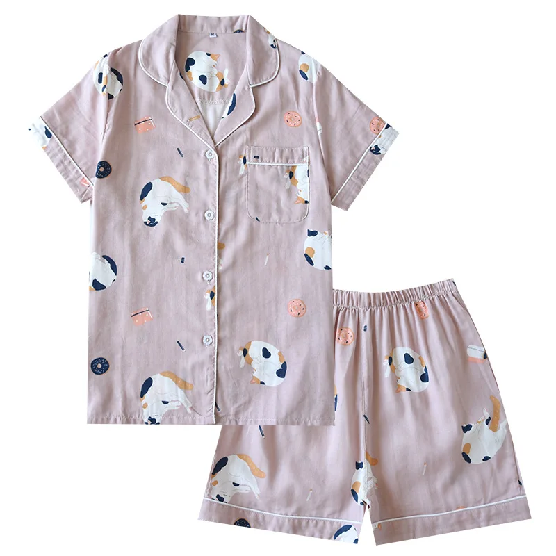 Summer Couple Pajamas Set Cotton Gauze Soft Short-sleeved Sleepwear with Shorts Thin Comfortable Cartoon Men/women Cool Homewear