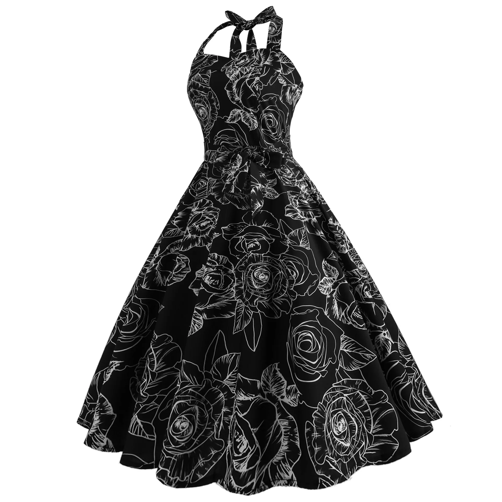 Женское винтажное платье в горошек черное с лямкой на шее открытой спиной
