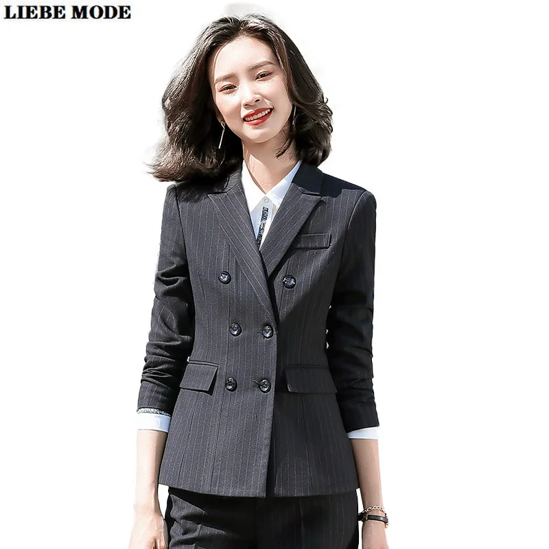 Women's Suit with A Skirt Office Uniform Design Women Blazer and Skirt Set Striped 2 Pieces Double Breasted Blazer Skirt Suit