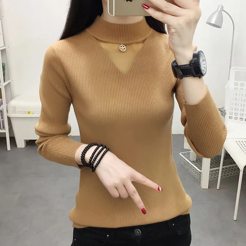 

2020 Autumn V Neck Women Pullover Women's Knitted Sweater Slim Korean Mesh Long Sleeve Feminina pull femme hiver col en v Tops