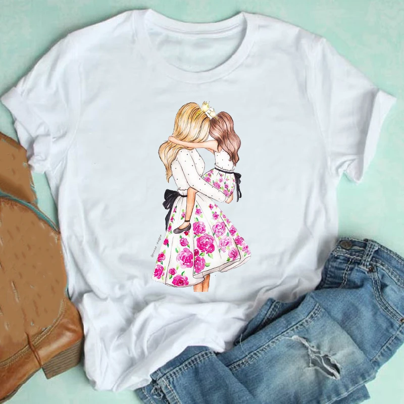 

Women Short Sleeve Daughter Cute Girl Mujer Camisetas Cartoon Mom Mother Clothes Print Tshirt Female Tee Top Graphic T-shirt