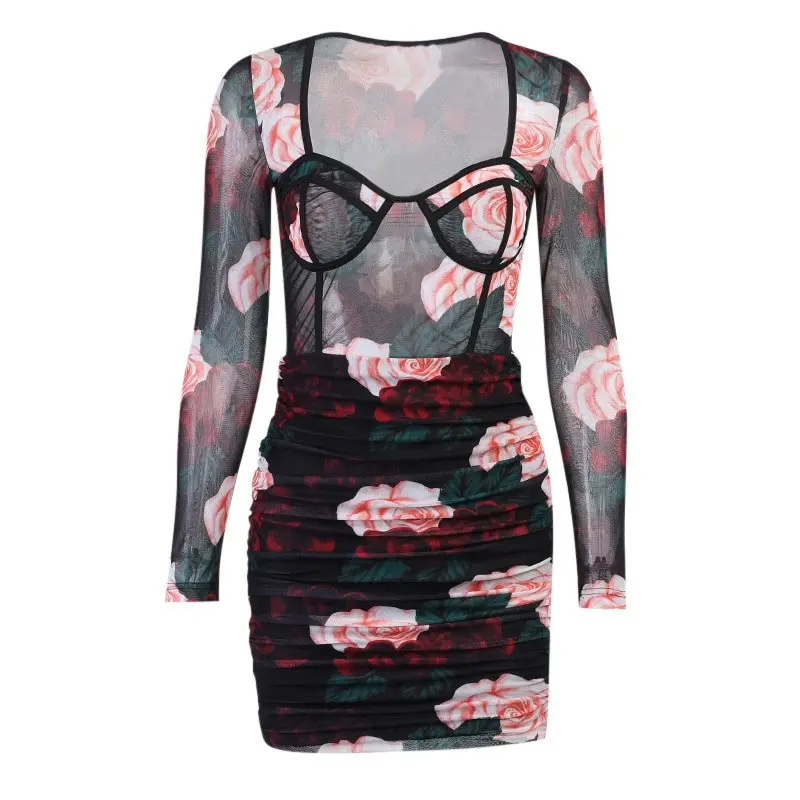 

Woman's Rose Printed Dress Sexy Casual Hit Color Floral Long Sleeve Bodycon Vestidos Streetwear Female 2021 Summer Skinny Dress